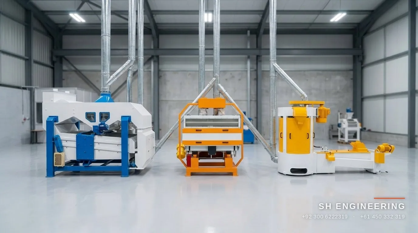 Wheat cleaning section line — separator, destoner and washer connected by ducting in a mill building