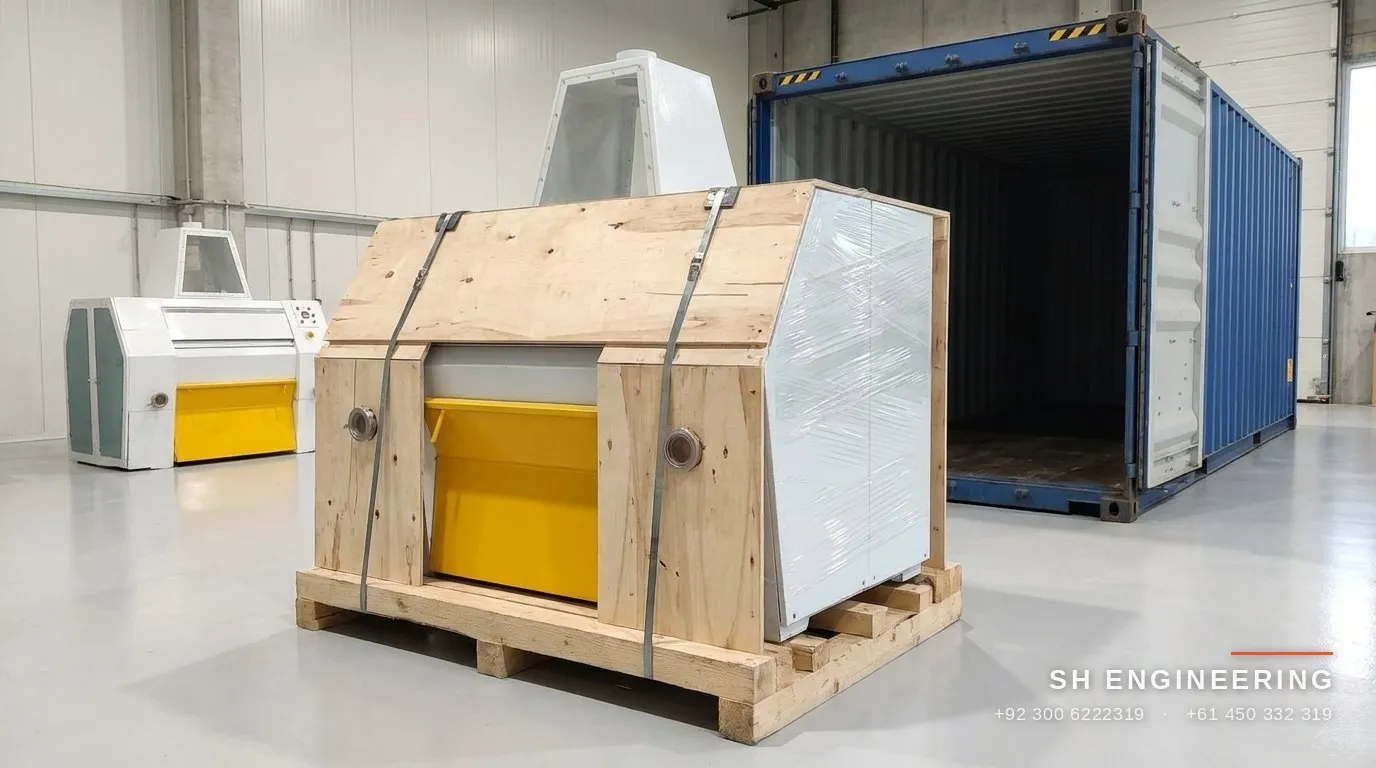 SH-RM40 roller mill crated on a wooden skid beside a shipping container, ready for FOB Karachi loading