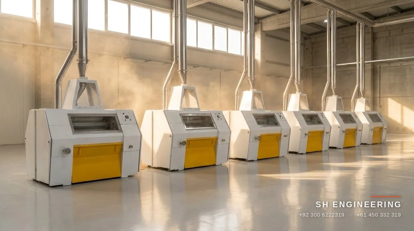 Row of SH-RM40 roller flour mills installed in a mill hall with overhead spouting